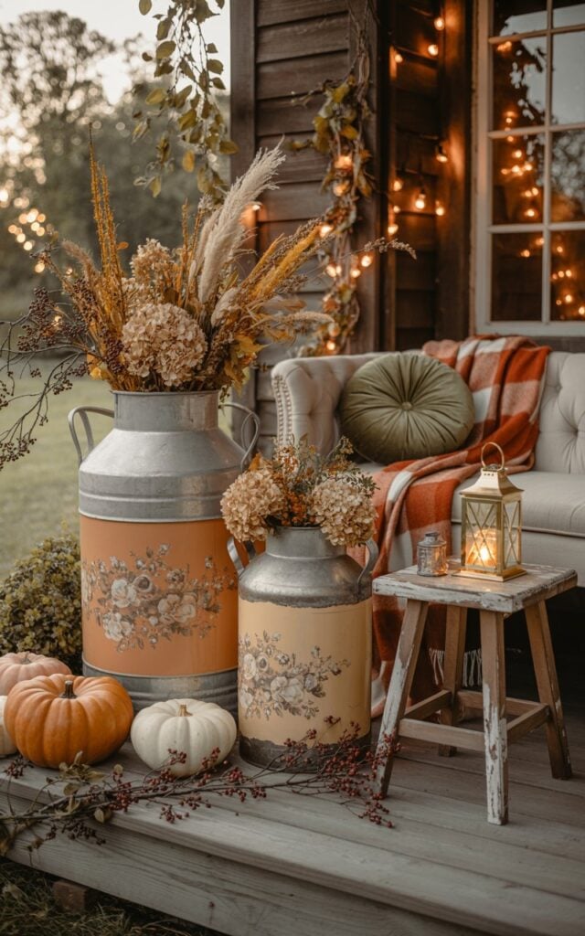 A dreamy cottagecore photograph of an elegantly decorated fall porch featuring vintage milk cans as the centerpiece. Two weathered milk cans are painted in soft burnt orange and creamy ivory with delicate floral patterns, overflowing with dried hydrangeas, golden wheat stalks, and berry-laden branches that cascade gracefully onto the wooden porch floor. A plush tufted bench with sage green velvet cushions is draped with a rust and cream plaid throw, positioned beside a small distressed wooden side table holding a glowing brass lantern. Warm string lights twinkle overhead while amber and white pumpkins dot the scene, all bathed in soft golden hour light that creates a magical balance between rustic countryside charm and subtle glamorous touches.