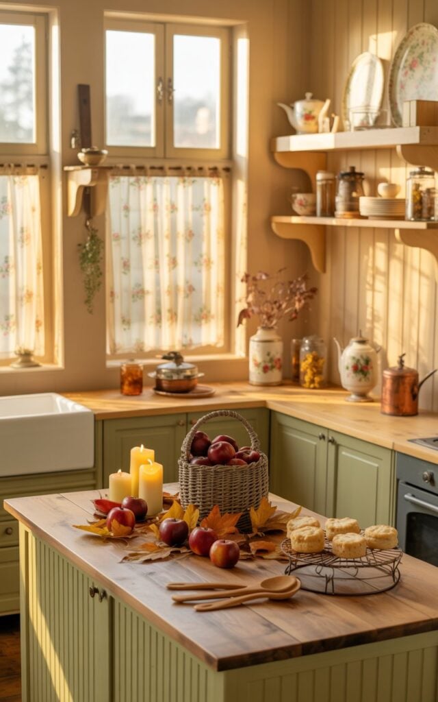 A cottagecore-style kitchen photograph featuring a fully furnished island that serves as the heart of this enchanting culinary space. The island's weathered wood surface is adorned with a small wicker basket overflowing with glossy crimson apples, scattered amber and rust-colored autumn leaves, and ivory pillar candles casting a gentle golden glow. Sage green and cream-colored cabinetry lines the walls, complemented by open wooden shelves displaying delicate floral-patterned ceramic dishes, vintage copper pots, and mason jars filled with dried herbs. Sheer lace curtains with tiny rose prints filter the warm afternoon sunlight streaming through mullioned windows, while a porcelain teapot, freshly baked scones on a wire cooling rack, and antique wooden spoons complete this whimsical countryside fairytale scene.