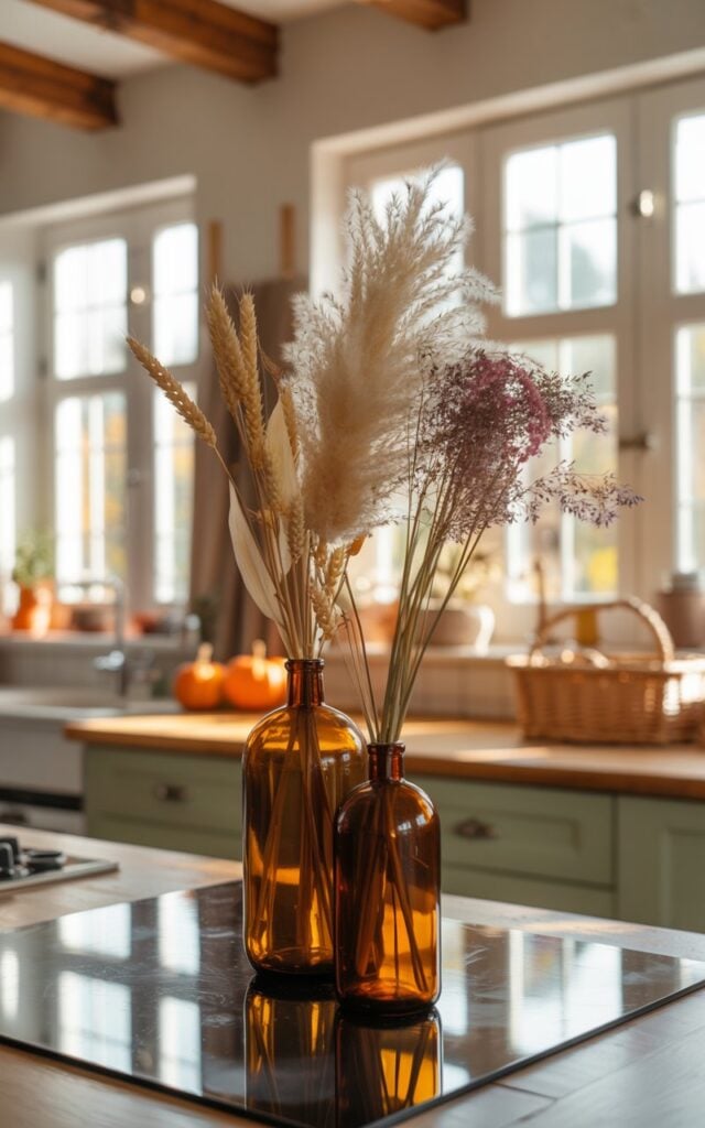 A close-up vignette photograph of two amber glass bottles clustered together on a sleek glass-top kitchen island, creating an intimate rustic display. The bottles are filled with an artful arrangement of dried wheat stalks, fluffy cream-colored pampas grass plumes, and delicate dried wildflowers in muted tones of lavender and dusty rose. Soft, golden daylight streams through multi-paned windows, casting gentle shadows and highlighting the textural details of the natural elements within the translucent amber glass. The softly blurred background reveals glimpses of a cozy countryside kitchen with exposed wooden ceiling beams, sage-green cabinetry, small orange pumpkins, and woven wicker baskets, all bathed in warm, nostalgic lighting that evokes the peaceful essence of autumn.