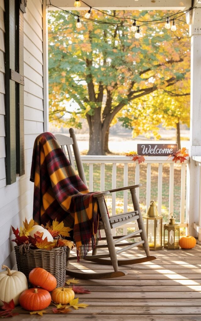 A photograph of a classic American farmhouse porch decorated for autumn, featuring a weathered wooden rocking chair draped with a cozy plaid blanket in deep burgundy and golden mustard hues. The porch is thoughtfully arranged with orange and cream pumpkins of various sizes scattered across the wooden boards, a wicker basket overflowing with crimson and amber maple leaves, and several vintage brass lanterns casting warm pools of golden light. A rustic wooden sign reading "Welcome" leans casually against the white-painted porch railing, while delicate string lights create a gentle twinkle overhead. Soft afternoon sunlight filters through the canopy of sugar maples and oak trees displaying their full autumn glory, bathing the entire scene in a warm, honeyed glow that epitomizes the peaceful charm of fall in rural America.
