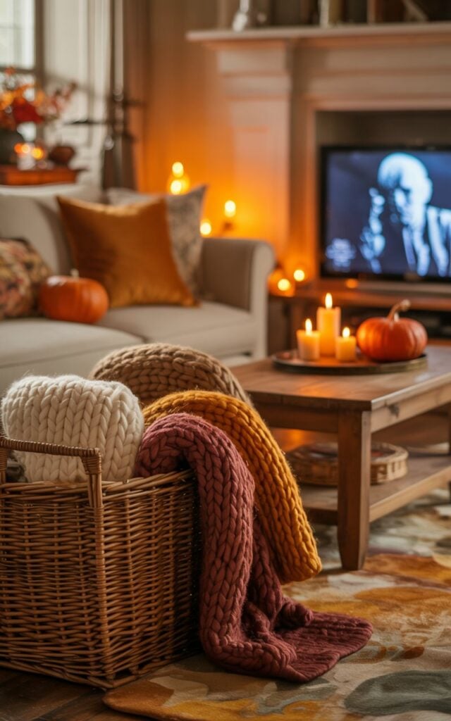 A photograph of a cozy English countryside living room bathed in warm, golden autumn light that creates a perfect balance between rustic charm and subtle Halloween ambiance. A large woven wicker basket overflows with chunky knit blankets in cream, burnt orange, and deep burgundy, positioned beside a plush cream-colored sofa adorned with textured throw pillows in complementary earth tones. Rich wooden furniture anchors the space, including a coffee table displaying small orange pumpkins and flickering amber candles that cast dancing shadows across the soft wool area rug in muted browns and golds. In the background, a television screen glows with the eerie blue light of a classic horror film, creating a gentle contrast against the warm candlelight and adding to the inviting yet mysteriously atmospheric countryside retreat.