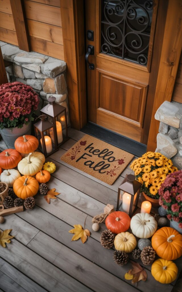 A top-down photograph of a charming alpine chic house entrance decorated for autumn, centered on a seasonal doormat reading "Hello Fall" in rustic lettering. The porch showcases rich honey-colored wood planking and natural stone accents, with layers of orange and cream pumpkins arranged artfully around glowing lanterns filled with flickering LED candles. Potted burgundy and golden mums, scattered pinecones, and a few autumn leaves complete the seasonal display against a sturdy wooden door with wrought iron hardware. Soft natural light filters across the scene, highlighting the varied textures of wood grain, stone, and woven fibers while casting gentle shadows that enhance the cozy mountain lodge atmosphere.