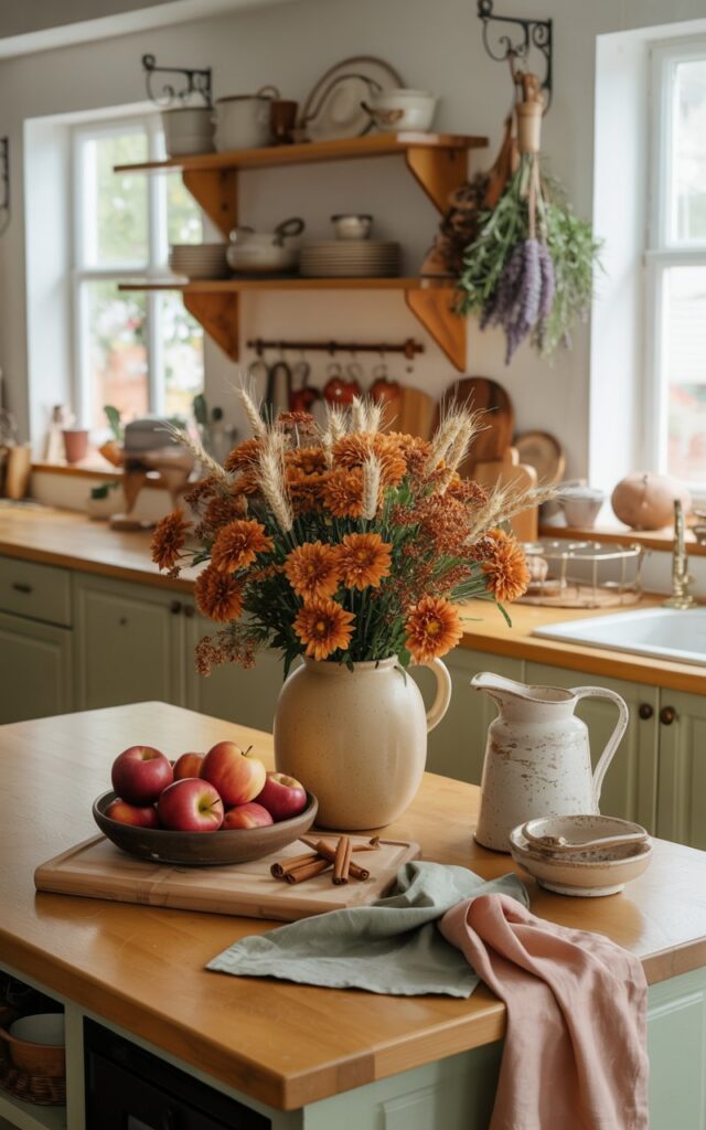 A warm, inviting cottagecore-style kitchen featuring a fully furnished wooden island decorated with charming autumn details. The centerpiece is an elegant floral arrangement of burnt orange chrysanthemums and golden wheat stalks nestled in a cream-colored ceramic vase, with fragrant cinnamon sticks artfully tucked between the blooms. Surrounding the vase, a weathered wooden cutting board displays a bowl of ruby red apples, while a rustic ceramic pitcher and soft linen tea towels in sage green and dusty rose complete the island's styling. The kitchen glows with gentle natural light streaming through nearby windows, illuminating open wooden shelves lined with vintage dishware, bundles of dried lavender and rosemary hanging from wrought iron hooks, and painted cabinets in muted cream and sage tones that embody the whimsical, countryside charm of cottagecore living.