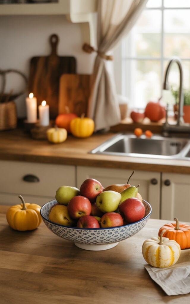 A cozy cottagecore-style kitchen with a wooden counter featuring a decorative patterned bright bowl filled with shiny mini apples and pears as a seasonal centerpiece. Surrounding the bowl are fall essentials like small pumpkins, a rustic cutting board, and a few candles. The kitchen has natural wood textures, a sink, a curtained window , and soft sunlight.