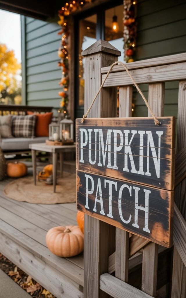 A cozy fall-decorated porch of a farmhouse-style house featuring a rustic “Pumpkin Patch” sign made from reclaimed wood hanging on the front wooden railing. The focus is on the signboard, with its hand-painted white lettering and weathered wood texture glowing softly under warm evening light. Behind it, the porch includes a seating area with plaid cushions, a woven floor rug, a small side table with lanterns, and scattered pumpkins. Subtle string lights and fall garlands frame the space, while the reclaimed sign steals the show as the charming, homey centerpiece of the entire fall setup.