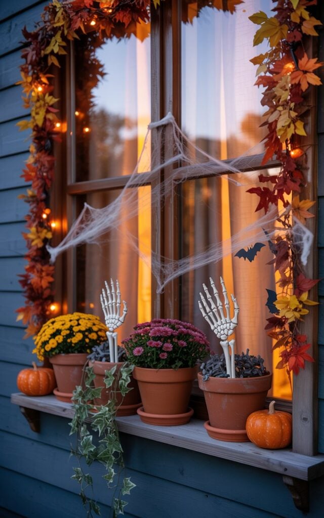 A close-up photograph of a charming home window viewed from outside during the golden hour of dusk, beautifully decorated for fall and Halloween. Three terracotta pots sit along the wooden window sill, filled with autumn mums and trailing ivy, each cleverly concealing realistic skeleton hands that emerge unexpectedly from the foliage for a playful spooky surprise. The window frame is adorned with garlands of crimson and amber maple leaves, miniature orange pumpkins, delicate string lights casting a warm amber glow, and subtle Halloween touches including tiny black paper bats and wispy artificial spider webs. Soft, inviting light from inside the home filters through sheer curtains, creating a perfect balance of cozy warmth and gentle eeriness that captures the enchanting spirit of the season.