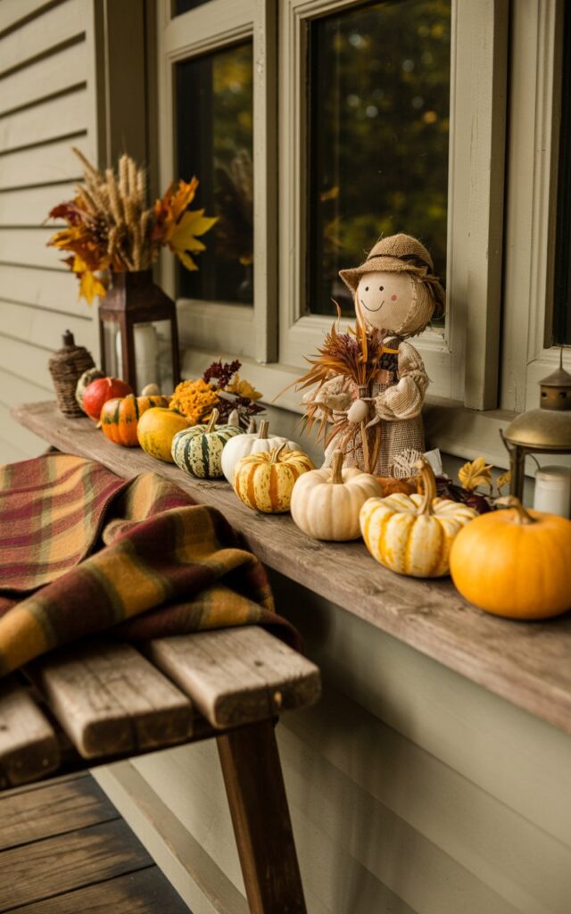 A cozy vignette photograph of a rustic wooden porch decorated for autumn, featuring weathered white trim and classic architectural details. Along the wooden window sill, an artfully arranged collection of small gourds in warm amber, cream, and sage green hues sits alongside miniature orange pumpkins, a charming burlap scarecrow figure, vintage brass lanterns, and sprigs of dried wheat and maple leaves. A rustic wooden bench with peeling paint rests nearby, adorned with a plaid wool blanket in rich burgundy and gold tones. Soft golden afternoon light filters through the scene, casting gentle shadows that highlight the rich textures of the gourds' ridged surfaces, the worn wood grain, and the cozy seasonal charm of this welcoming autumn display.