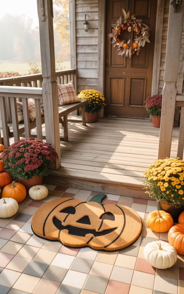 A photograph of a charming farmhouse porch decorated for autumn, featuring a whimsical pumpkin-shaped doormat positioned directly in front of a rustic wooden door. The porch showcases warm beige and cream tiled flooring, weathered wood railings and posts, and clusters of golden and burgundy potted mums flanking the entrance alongside scattered orange and white pumpkins of various sizes. A cozy wooden bench with plaid cushions sits to one side, while a lush fall wreath adorned with dried leaves and mini gourds hangs on the door. Soft morning sunlight filters across the scene, casting gentle shadows and illuminating the playful doormat while creating a welcoming, festive atmosphere perfect for the harvest season.