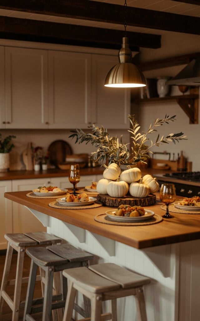 A warm farmhouse-style kitchen at night with a cozy wooden island as the focal point, illuminated by a single brass pendant light casting a golden glow. The island's centerpiece features white pumpkins artfully arranged with silvery eucalyptus sprigs and olive branches, surrounded by ceramic plates of comfort food, amber-tinted glasses, and rustic wooden serving boards. Weathered wooden bar stools are tucked neatly beneath the island's overhang, their natural grain visible in the soft lighting. The scene radiates autumn warmth with cream-colored cabinetry, exposed wood beams overhead, and the gentle interplay of shadows and light creating an intimate, homey atmosphere perfect for a relaxed fall evening.