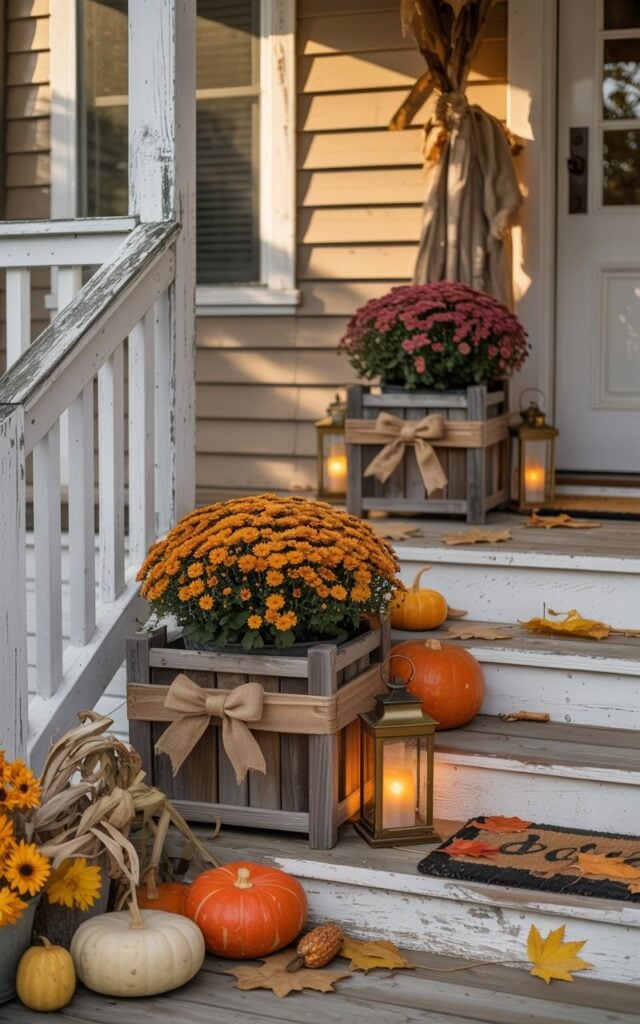 A photograph of a charming farmhouse-style front porch decorated for autumn, with weathered white wooden railings and columns framing the entrance. Three rustic wooden planters filled with vibrant orange and burgundy mums are positioned along the porch steps, each adorned with burlap bows tied in casual, countryside knots. Scattered around the planters are various sized pumpkins in shades of deep orange and cream, vintage brass lanterns casting a warm amber glow, and a woven doormat with autumn leaves. The scene is bathed in soft golden hour lighting that highlights the weathered wood textures and creates long, cozy shadows across the porch boards, while dried corn stalks and maple leaves complete the inviting seasonal display.