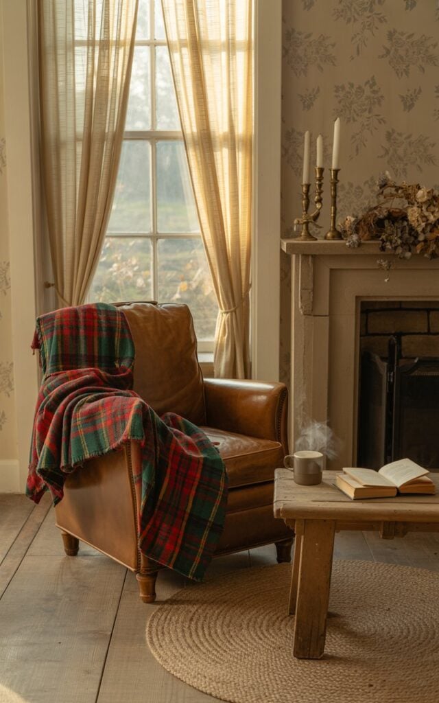 A photograph of a cozy countryside living room centered around a well-worn leather armchair with a red and green plaid wool blanket draped casually over one arm. The armchair sits beside a tall window dressed with flowing cream-colored sheer curtains that filter gentle morning sunlight into the space. A rustic wooden coffee table holds a steaming mug and open book, positioned on a braided jute rug that anchors the seating area in front of a stone fireplace mantel adorned with dried flowers and vintage brass candlesticks. The walls feature a subtle floral wallpaper in muted sage tones, while the soft, diffused sunlight creates warm golden highlights across the textured fabrics and weathered wood surfaces.