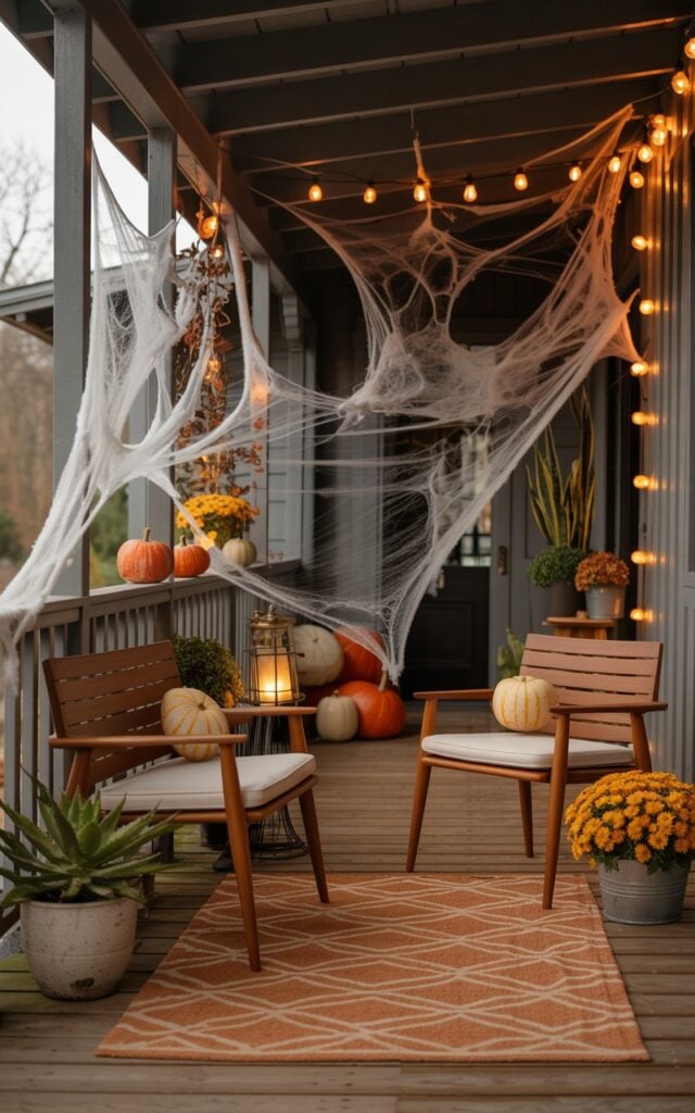 A photograph of a mid-century modern porch decorated for Halloween, featuring sleek teak furniture with clean geometric lines and tapered legs arranged on warm wooden decking. Delicate faux spiderwebs drape elegantly across the porch railings and nestle in the upper corners, while mini orange and cream pumpkins are artfully scattered among potted succulents and autumn mums in ceramic planters. Warm amber string lights cascade from the ceiling and wrap around support posts, casting a cozy golden glow that complements the soft orange light filtering through the spiderwebs. A geometric patterned area rug in burnt orange and cream tones anchors the seating area, while vintage-style lanterns and mid-century brass accents complete the sophisticated yet playfully spooky autumn atmosphere.