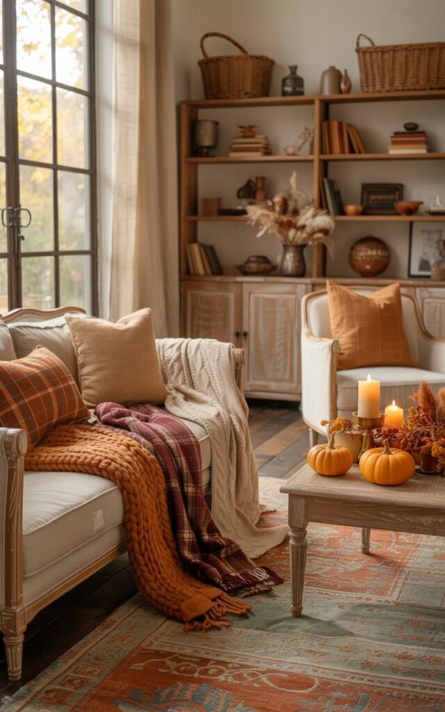 A photograph of a beautifully furnished Cottagecore-style living room embracing the warmth of autumn. A plush cream sofa is adorned with layered throw blankets in rich textures—chunky knit wool in burnt orange, a soft plaid in deep burgundy, and a cream cable-knit draped over a matching accent armchair. The space features weathered oak furniture including a vintage-inspired coffee table topped with small amber pumpkins, dried wheat stalks, and flickering pillar candles in brass holders. Large windows with flowing linen curtains bathe the room in golden afternoon light, illuminating open wooden shelves lined with well-worn books, woven baskets in natural fibers, and a beautifully patterned area rug in warm terracotta and sage green tones.