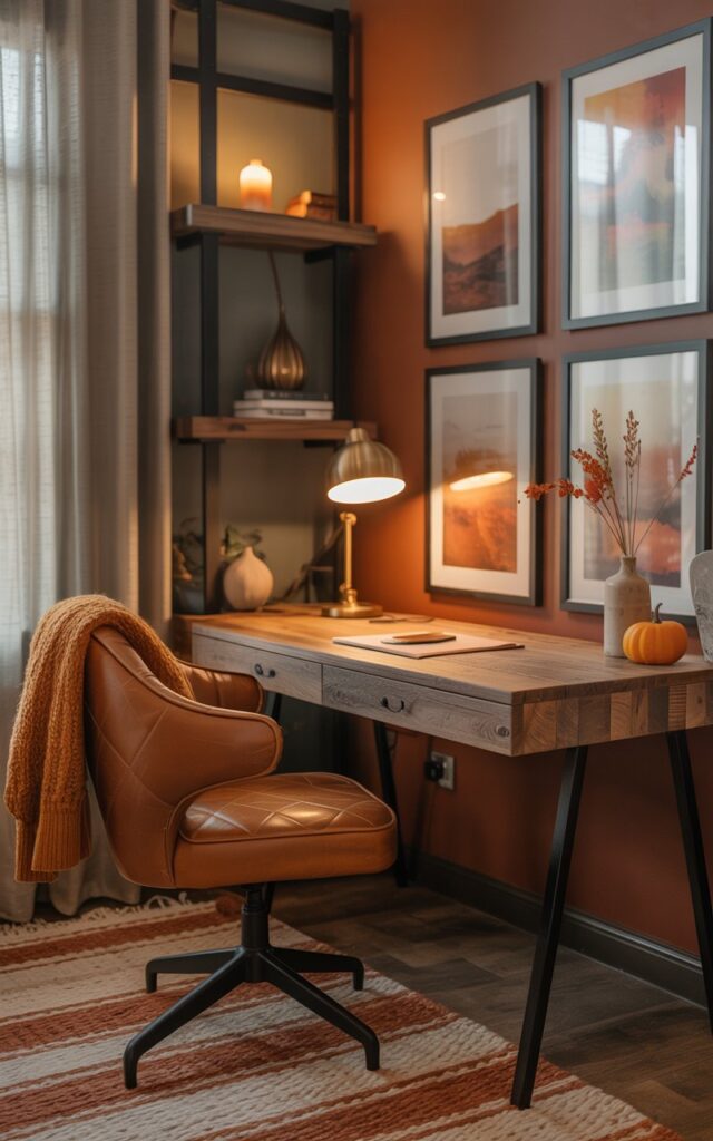 A photograph of a modern rustic study room with warm autumn tones and natural materials creating an inviting workspace atmosphere. The focal point is a reclaimed wood desk paired with a plush leather chair in burnt sienna, positioned beneath 2-3 framed artwork pieces on an accent wall featuring abstract landscapes in muted oranges and deep browns. Soft ambient lighting from a brass desk lamp and natural light filtering through sheer curtains illuminates earthy textiles like a chunky knit throw and woven rug in rust and cream tones. Subtle fall décor including a small orange pumpkin, dried wheat stems in a ceramic vase, and a flickering vanilla candle on floating wooden shelves complete the cozy, sophisticated setting with black metal accents throughout.