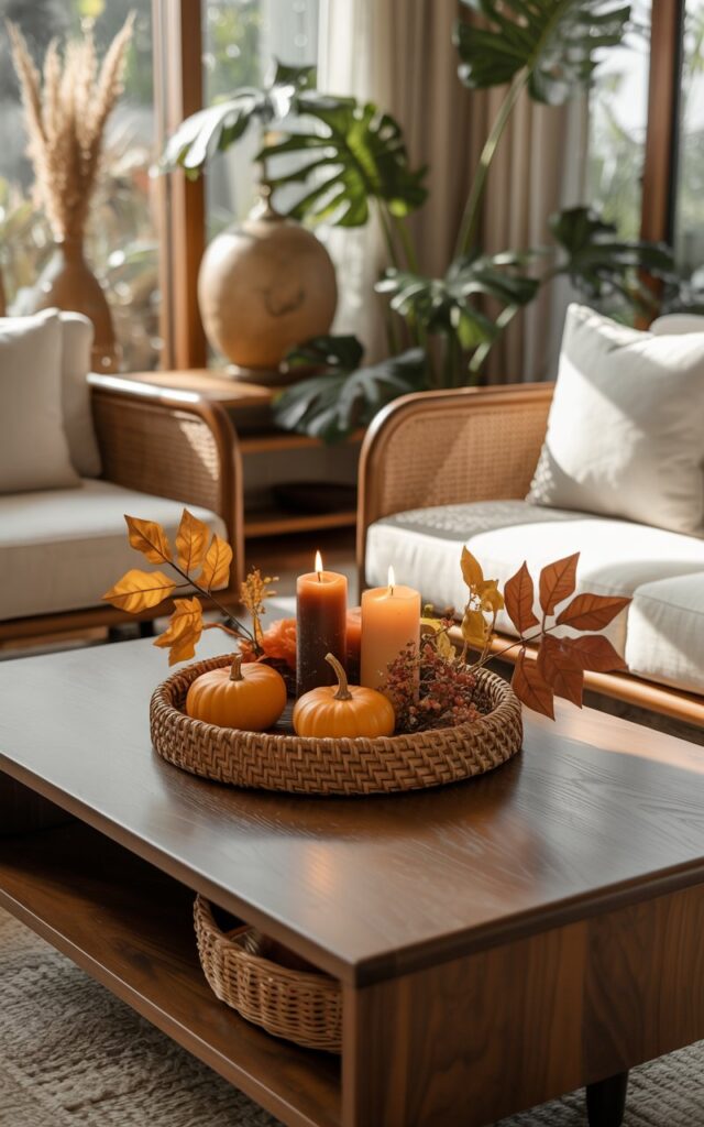A photograph of an elegant transitional-Balinese style living room with a sleek dark wood coffee table as the centerpiece. On the table, a woven rattan tray displays miniature orange pumpkins, flickering pillar candles in earth tones, and dried botanicals, while realistic faux autumn leaves in shades of amber, rust, and golden yellow are artfully scattered around the arrangement. The space features clean-lined furniture upholstered in cream linen, tropical monstera plants in terracotta pots, and natural rattan accent pieces that complement the warm teak wood tones throughout. Soft natural light streams through large windows, casting gentle shadows that highlight the harmonious blend of modern sophistication and tropical serenity, while the seasonal autumn touches add cozy warmth to the serene atmosphere.