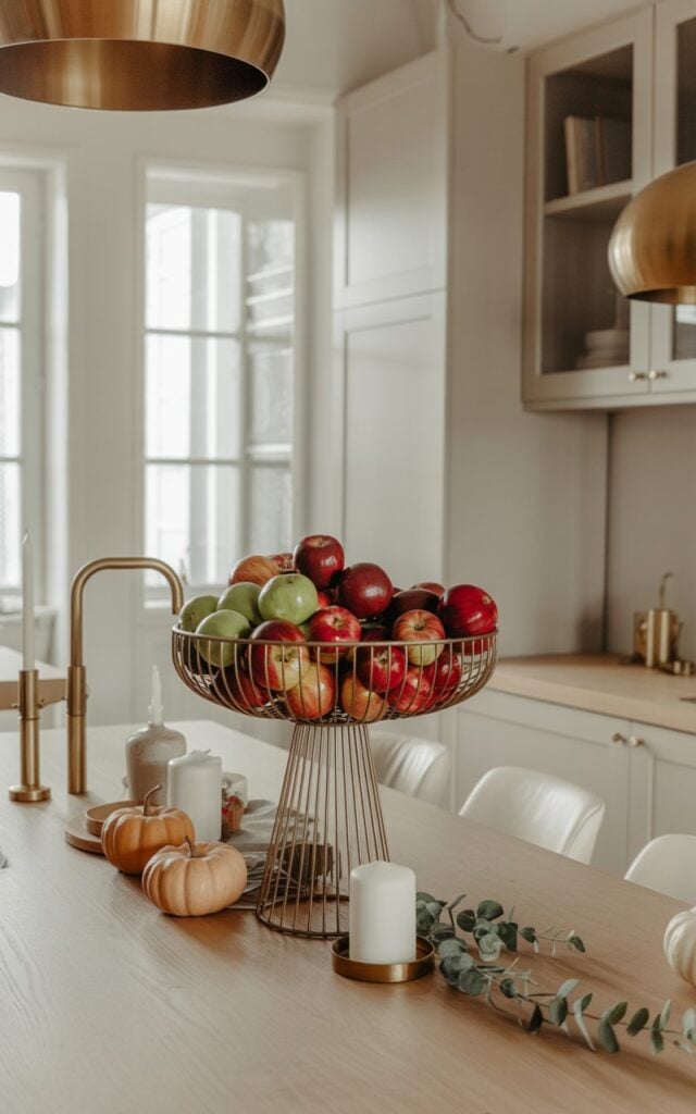 A photograph of a glam-meets-Scandinavian dining area showcasing a bright, airy space with clean lines and sophisticated touches. The focal point is a sleek kitchen island topped with a modern wire basket overflowing with glossy red and crimson apples alongside emerald green varieties, creating a vibrant autumn centerpiece. Small terracotta pumpkins, white pillar candles, and sprigs of eucalyptus are thoughtfully arranged on light oak surfaces, while metallic brass accents on pendant lights and cabinet hardware add glamorous warmth. The space features a neutral palette of creamy whites and soft grays, with natural light streaming through large windows, perfectly balancing minimalist Scandinavian functionality with refined metallic elegance.