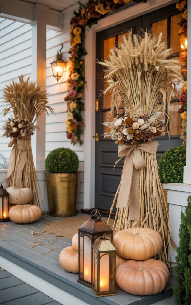 A glam-meets-cottagecore style house porch beautifully decorated for fall, with the focus on tall cornstalks and dried wheat bundles arranged elegantly by the entryway. The bundles are tied with burlap and velvet ribbons, standing beside large pumpkins and antique-style lanterns that emit a soft, golden glow. The porch features a mix of rustic and refined elements—think gold-accented planters, cozy plaid cushions, and floral garlands framing the door. Warm afternoon light enhances the soft textures of wheat, wood, and fabric, creating a magical, Pinterest-perfect fall vignette that feels both luxurious and homey.