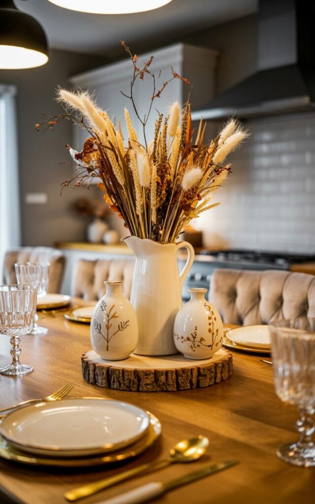 A close-up photograph of an elegant kitchen island centerpiece showcasing a rustic wooden riser topped with autumn decor. The focal point features a tall cream-colored ceramic pitcher filled with dried wheat stalks, pampas grass, and amber-toned branches, flanked by two small hand-painted ceramic vases with delicate botanical motifs. The grainy wood surface displays the natural texture and warm honey tones, while scattered around are white ceramic plates with golden rim details, vintage brass cutlery, and crystal stemware catching the light. Soft pendant lighting from above creates a warm glow that highlights the creamy ceramics and casts gentle shadows, with the blurred background revealing plush velvet bar stools and brushed gold hardware that complete the glam-meets-rustic aesthetic.