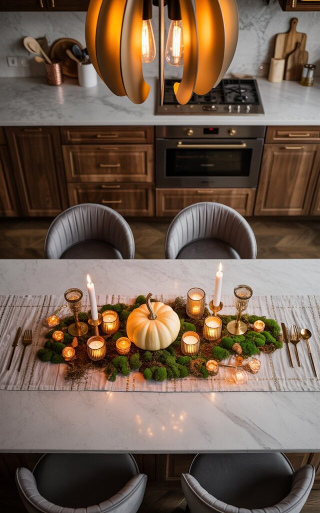 A top-down photograph of a glam-meets-rustic kitchen island showcasing an elegant fall tablescape. The centerpiece features a cream-colored ceramic pumpkin surrounded by flickering votive candles in brass holders and patches of emerald green moss, all arranged on a textured linen table runner with subtle gold threading. Sleek upholstered bar stools in charcoal velvet are perfectly positioned around the island, which displays marble countertops, brass cabinet hardware, and carefully arranged kitchen essentials including a wooden cutting board and copper utensils. Above the scene, an oversized sculptural pendant light with warm Edison bulbs casts a golden glow, while the surrounding kitchen reveals rich walnut cabinetry, brushed gold fixtures, and natural stone backsplash elements that create a perfect balance of rustic warmth and luxurious sophistication.