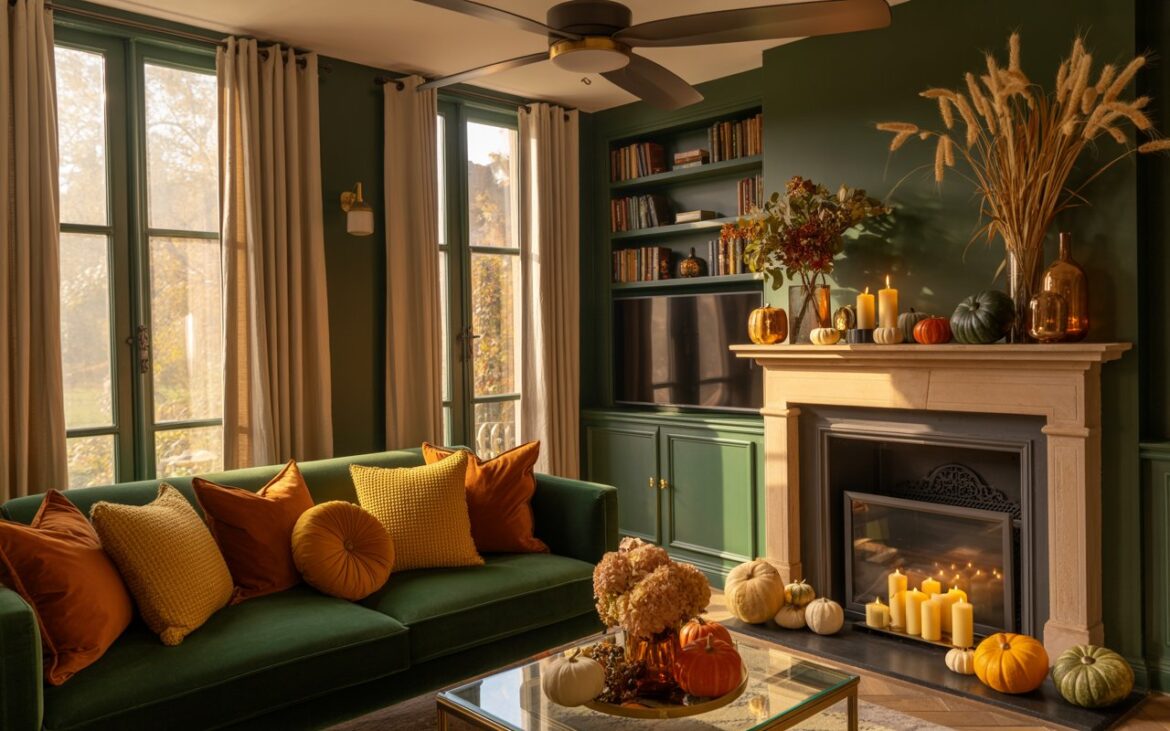 A luxurious English countryside living room interior decorated for autumn, featuring a sumptuous velvet sofa in deep emerald green adorned with burnt orange, golden yellow, and textured cream throw pillows arranged in elegant layers. The space showcases a sleek modern TV unit with gleaming brass accents positioned beneath a traditional stone fireplace mantel, which displays an artful arrangement of mini pumpkins in amber and sage green hues, flickering ivory pillar candles, and dried hydrangeas alongside wheat stalks. A sophisticated ceiling fan with rich dark wood blades rotates slowly overhead, while tall windows draped in luxurious cream linen curtains filter soft, warm afternoon light that bathes the room in a golden glow. Built-in bookshelves line the walls, filled with leather-bound volumes and small autumn accessories including copper vessels and amber glass pieces, all unified by a sophisticated palette of warm caramel, deep forest green, and metallic gold accents.