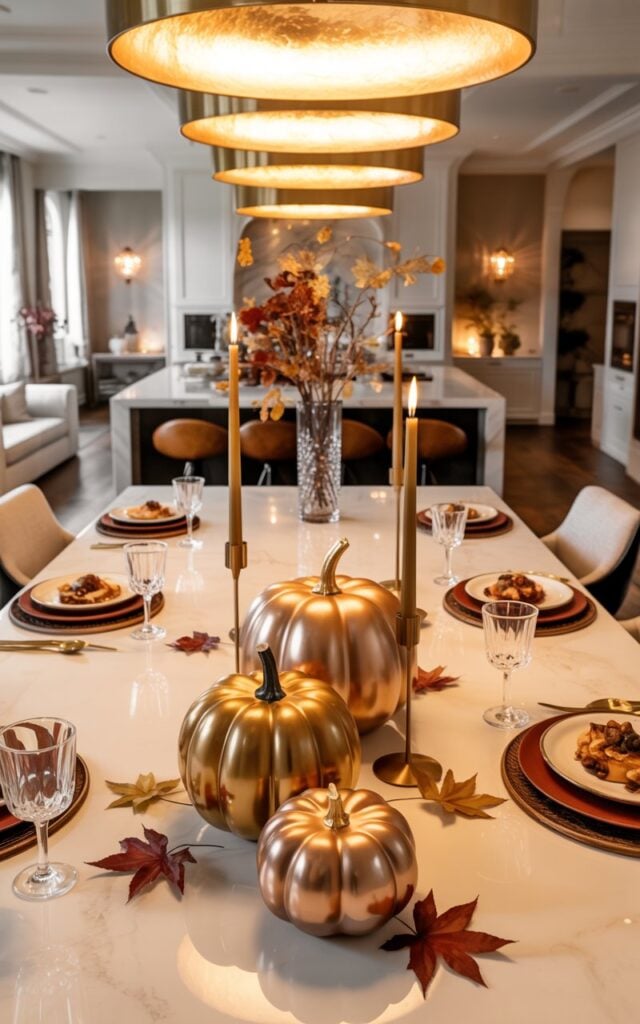 A luxurious open-concept living room and kitchen interior bathed in the warm, golden glow of elegant brass pendant lights suspended above a pristine white marble-topped central island. Three metallic pumpkins in burnished gold, rich copper, and champagne finishes are artfully arranged as an opulent fall centerpiece, accompanied by tall gold candlesticks with flickering amber flames, a crystal flower vase with autumn branches, and scattered dried maple leaves in crimson and bronze. The spacious island features modern leather bar stools, an elegant fall-themed table runner in deep burgundy, fine china plates with gourmet autumn dishes, and crystal wine glasses catching the warm light. The surrounding space showcases high-end finishes with gleaming hardwood floors, designer cabinetry, and plush seating areas that complete this sophisticated seasonal entertaining space.