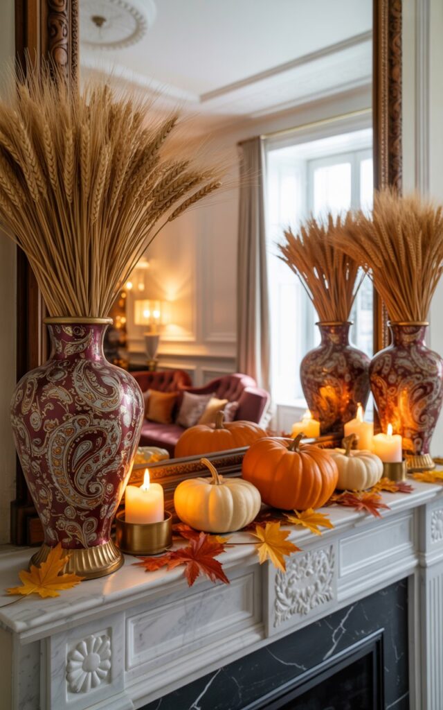 A mid-shot photograph of an elegant Victorian-style living room mantelpiece decorated for autumn with perfect symmetrical balance. Tall ornate ceramic vases with intricate paisley patterns in deep burgundy and gold sit at each end of the white marble mantel, filled with golden wheat bundles, while small orange and cream pumpkins are artfully arranged between them alongside flickering pillar candles in brass holders. Scattered maple leaves in rich amber and crimson hues complete the arrangement, creating a harmonious autumn display against the pristine white marble. The room showcases classic Victorian crown molding and carved woodwork paired with contemporary velvet furniture in jewel tones, all bathed in warm golden light from both the candleflames and soft overhead illumination.
