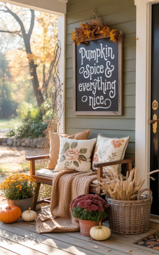 A photograph of a charming modern Cottagecore-style house porch adorned with cozy fall decorations and bathed in soft, golden autumn light. The focal point is a cushioned wooden bench nestled beneath a rustic chalkboard sign that reads "Pumpkin Spice & Everything Nice" in whimsical hand-lettered script, surrounded by soft floral pillows in muted sage and cream tones, chunky knitted throws in warm oatmeal, and vintage-inspired brass details. Small orange and white pumpkins are artfully scattered around potted burgundy mums, a weathered wicker basket overflows with dried wheat stalks, and delicate autumn foliage drapes naturally along the porch railings. The scene is illuminated by gentle, diffused sunlight filtering through nearby trees, creating a dreamy atmosphere that perfectly balances rustic charm with modern simplicity.