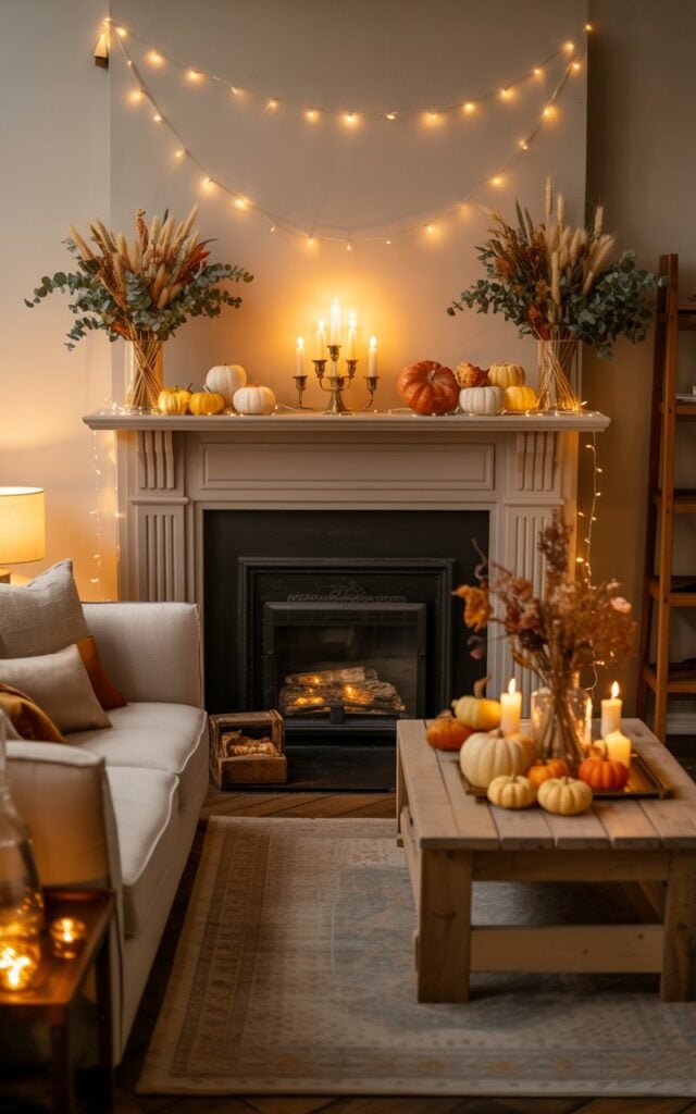 A cozy modern English countryside living room at night, centered around an elegant fireplace mantel adorned with twinkling warm fairy lights. The mantel displays a symmetrical autumn arrangement featuring flickering pillar candles in brass holders, miniature orange and cream pumpkins, and bundles of dried wheat and eucalyptus on either side. A plush cream sofa with soft throw pillows faces a rustic wooden coffee table, while a Persian-style area rug anchors the seating area beneath warm ambient lighting from table lamps. The fairy lights cast a golden glow across the autumn décor, creating dancing shadows on the walls and infusing the space with a magical, storybook atmosphere.