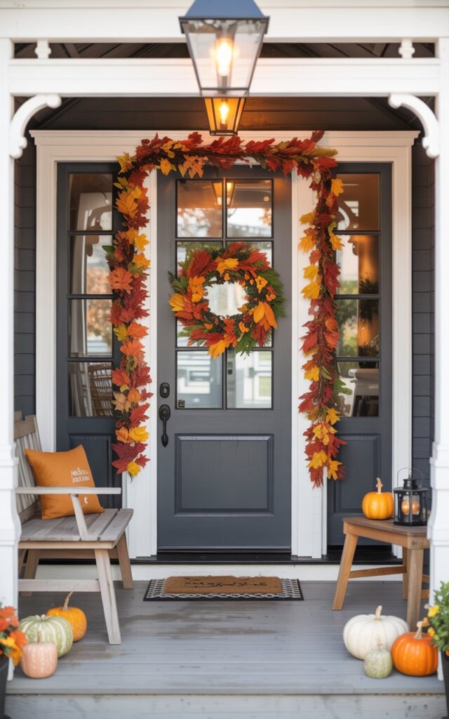 A modern French country-style porch decorated for fall and Halloween, featuring a doorframe layered with vibrant faux leaf garlands. The porch includes rustic wooden furniture, a cozy doormat, and subtle Halloween accents like mini pumpkins and lanterns. Soft autumn lighting highlights the warm tones of the garlands, creating a welcoming, festive, and stylish seasonal atmosphere that blends French country elegance with playful Halloween charm.