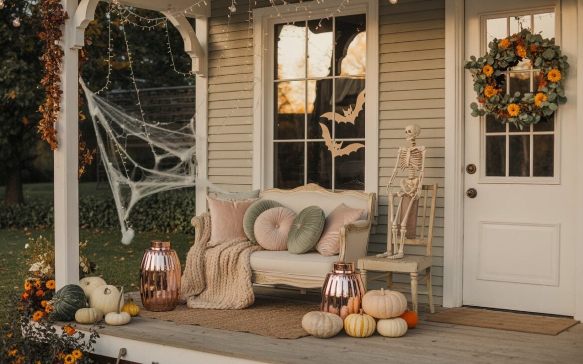 A photograph of an elegantly decorated front porch blending cottagecore charm with subtle glamorous touches for fall and Halloween. The seating area features a plush cream-colored loveseat adorned with soft blush and sage green velvet cushions, draped with a chunky knit throw blanket in warm ivory. Delicate fairy string lights cascade from the porch ceiling, creating a magical twinkling canopy above, while metallic rose gold lanterns flank the seating area. Halloween elements include an artfully draped faux spider web in the corner, a charming miniature skeleton perched on a vintage wooden chair, and elegant black bat silhouettes adorning the window glass. The natural wood porch is scattered with mini pumpkins in cream and sage tones, rustic gourds, and a beautiful autumn wreath of dried eucalyptus and orange marigolds hanging on the front door, all bathed in the soft golden glow of late afternoon sunlight.