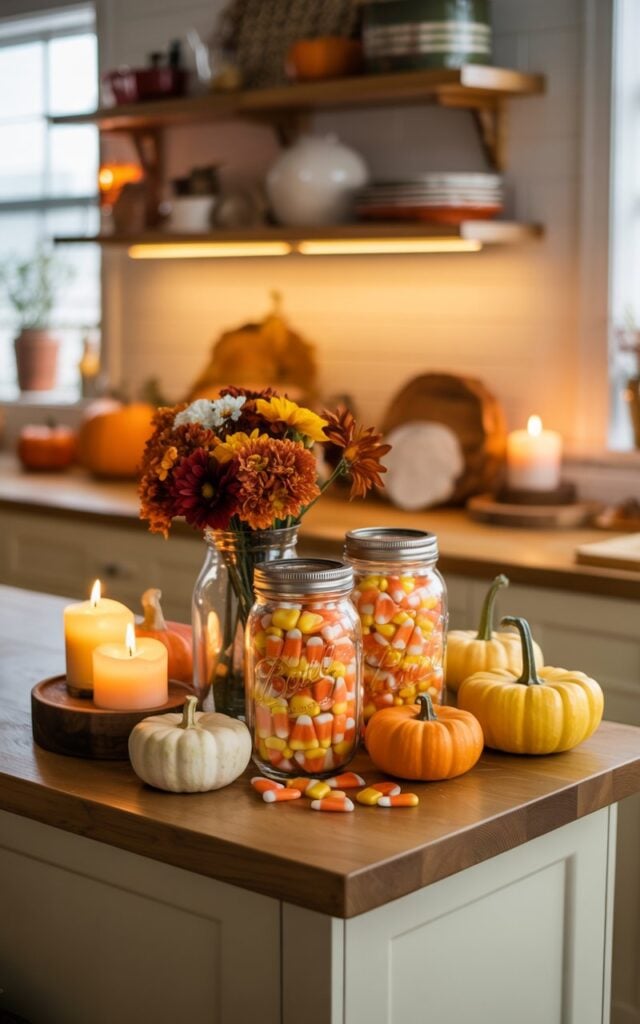 A warm, inviting photograph of a modern cottagecore kitchen featuring a small wooden island adorned with charming Fall and Halloween decorations. The centerpiece consists of three vintage mason jars filled with vibrant candy corn in layers of orange, yellow, and white, creating a playful burst of color against the rustic wood surface. Surrounding the jars are carefully arranged mini pumpkins in varying shades of orange and cream, flickering pillar candles in amber glass holders, and a small bouquet of seasonal flowers including burnt orange chrysanthemums and deep red dahlias. The kitchen glows with soft, golden lighting that highlights the warm wooden accents, open shelving displaying ceramic dishes, and casually arranged baked goods, creating a cozy, lived-in atmosphere that perfectly captures the essence of autumn hospitality.