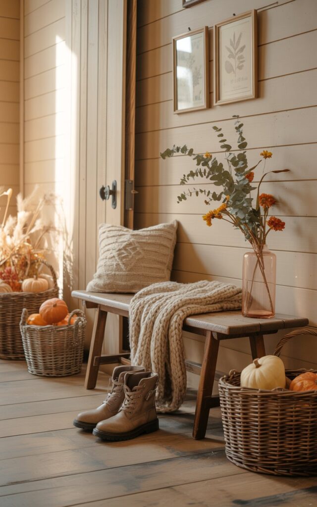 A photograph of a charming cottagecore-style entryway decorated with warm autumn accents and natural textures. A rustic wooden bench sits against a cream-colored shiplap wall, draped with a chunky knit throw in soft oatmeal tones, while a pair of worn leather boots rest casually beside it on the weathered hardwood floor. Woven rattan baskets filled with miniature pumpkins and dried wheat stalks line the space, complemented by vintage-inspired wall art featuring pressed botanical prints and a delicate glass vase holding sprigs of dried eucalyptus and orange marigolds. Gentle morning light streams through a nearby window, casting warm golden rays that illuminate the honey-toned wood surfaces and create a cozy, lived-in atmosphere perfect for the transition into fall.
