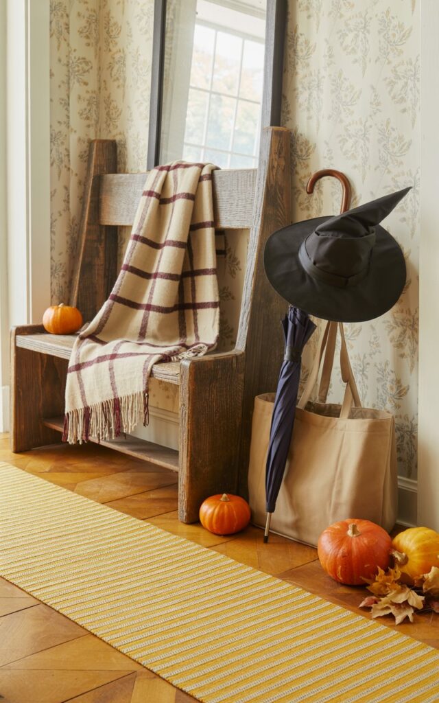 A photograph of a modern countryside entryway featuring warm, inviting décor with subtle Halloween touches. A rustic wooden coat rack stands beside a weathered oak bench draped with a cream and burgundy plaid wool blanket, while a classic black witch hat hangs playfully next to a navy umbrella and canvas tote bag. The scene is anchored by a bright geometric patterned runner stretching across honey-colored hardwood floors, with floral wallpaper in soft sage and cream tones adorning the walls. Mini orange pumpkins and dried maple leaves are scattered thoughtfully around the space, while soft ambient daylight filters through nearby windows, casting gentle shadows and highlighting the rustic textures of wood and fabric.
