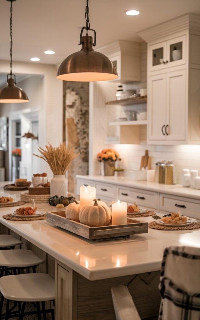 A photo of a modern farmhouse-style fully furnished kitchen with a large central island. The island is topped with a rustic wooden tray filled with 3-4 small pumpkins and 2 candles. The space features warm neutral tones, white shaker cabinets, wood accents, and brushed metal fixtures. A pendant light with a bronze finish hangs above the island, casting a soft golden glow. The island has bar stools, food served, and subtle fall décor touches like a plaid dish towel or vase of dried wheat. The overall mood is cozy, welcoming, and autumnal.