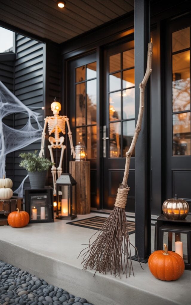 A modern industrial-chic style porch decorated for Halloween. A witch’s broom made of twigs and twine is propped casually near the entrance, surrounded by other spooky décor such as mini pumpkins, lanterns, a LED-lit skeleton, and faux spiderwebs. The porch features metal and wood elements, sleek furniture, and warm ambient lighting, creating a stylish yet slightly eerie fall atmosphere that balances industrial edge with seasonal Halloween charm.