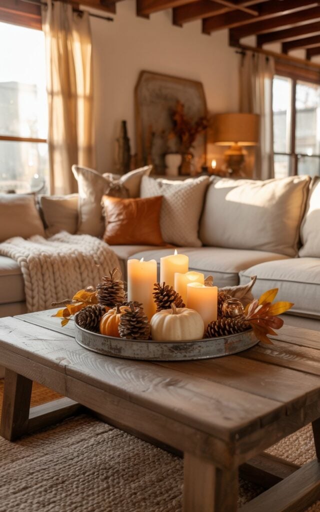 A photograph of a modern rustic farmhouse living room bathed in warm, golden lighting that creates a cozy autumnal atmosphere. The centerpiece is a weathered wooden coffee table adorned with a rustic metal tray filled with natural pinecones, cream-colored pillar candles, dried amber leaves, and small pumpkins. A plush beige sofa with chunky knit throw blankets in cream and rust colors faces the coffee table, while a textured jute rug anchors the seating area. Exposed wooden ceiling beams stretch overhead, and the soft lighting filters through sheer curtains, casting gentle shadows that enhance the room's inviting blend of contemporary comfort and rustic charm.