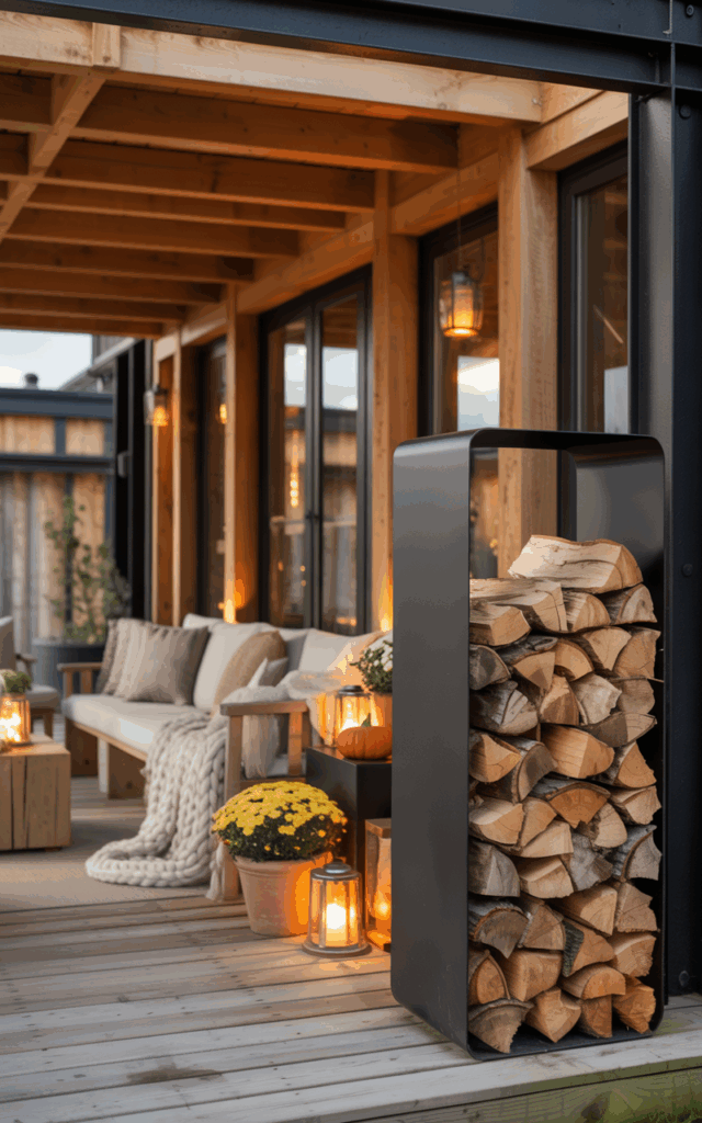 A photograph of a modern rustic porch featuring clean architectural lines and warm natural materials in perfect autumn styling. The spacious covered porch showcases exposed wooden beams overhead, comfortable seating with plush neutral cushions and chunky cream-colored knit throws draped casually across the furniture. A sleek black metal firewood rack stands elegantly beside the seating area, filled with neatly stacked split logs that add rich texture and rustic warmth to the contemporary design. Glowing lanterns are strategically placed among terracotta pots filled with seasonal mums and small pumpkins, while soft ambient lighting from string lights and candles creates a golden glow that highlights the beautiful contrast between the dark metal accents and honey-toned wood elements.