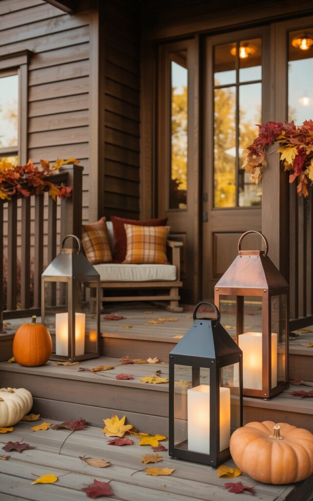 A photograph of a modern rustic-style house porch beautifully decorated for autumn, featuring a rich wooden plank floor and cozy seating area with plaid cushions in warm burgundy and gold tones. On either side of the elegant front door, 2-3 lanterns of varying heights in mixed metals—matte black, weathered bronze, and burnished copper—cast a warm, inviting glow across the space. Orange and amber pumpkins of different sizes are artfully scattered around the porch, complemented by garlands of crimson and golden fall foliage draped along the railings. Soft golden evening light bathes the entire scene, while colorful autumn leaves are gently scattered across the wooden steps, creating a perfectly welcoming and seasonal atmosphere.