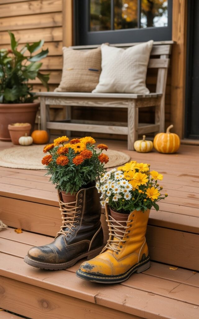 A photograph of a charming modern rustic porch decorated for autumn, featuring two weathered vintage leather boots repurposed as unique planters positioned on warm cedar porch steps. The boots are overflowing with vibrant orange marigolds, golden yellow mums, and white daisies, their colorful blooms spilling naturally over the worn leather edges. A simple wooden bench adorned with cream-colored linen pillows sits nearby, accompanied by a woven jute rug, terracotta potted plants, and scattered amber-hued gourds and mini pumpkins. Soft golden daylight filters through the scene, casting gentle shadows that emphasize the rich wood grain textures and highlight the whimsical charm of the repurposed boot planters.
