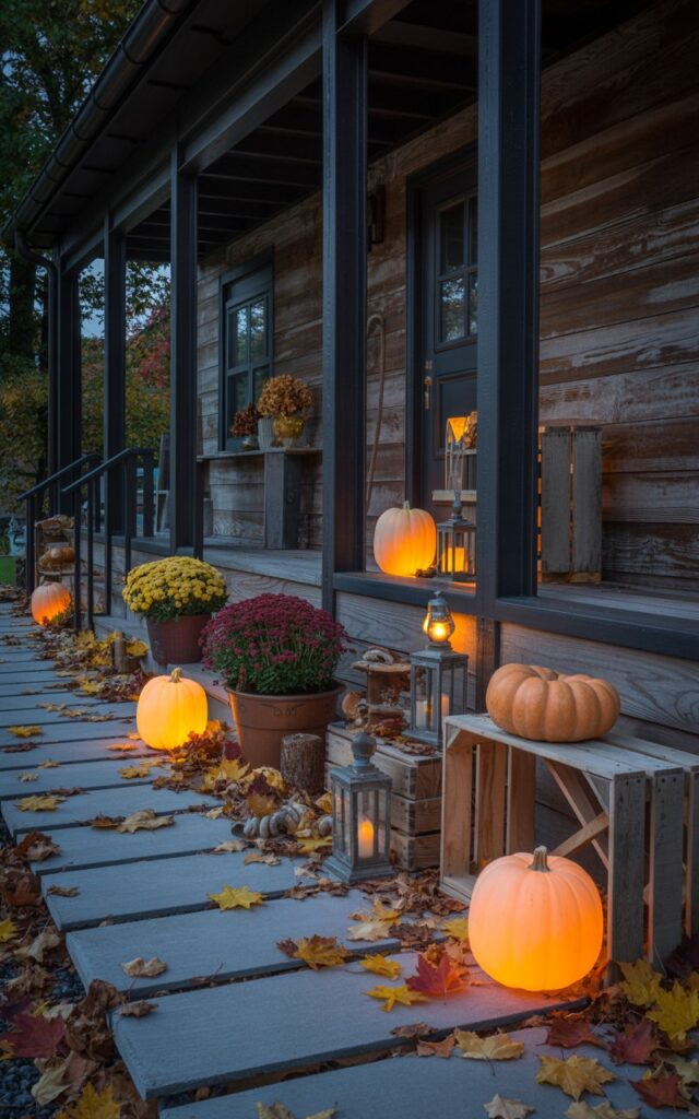 A nighttime photograph of an industrial-rustic style house porch decorated for autumn, featuring weathered reclaimed wood flooring and sleek black metal railings. Glowing LED pumpkins are strategically placed along the stone walkway, casting warm amber light that highlights the textured surfaces and creates inviting pools of illumination. The porch showcases a curated mix of fall décor including terracotta potted mums in deep burgundy and gold, vintage-style metal lanterns, and natural orange pumpkins arranged on rustic wooden crates. Scattered maple and oak leaves in shades of copper and crimson dot the walkway, while soft porch lighting reveals the beautiful contrast between industrial steel beams and warm wood elements against the deep midnight sky.