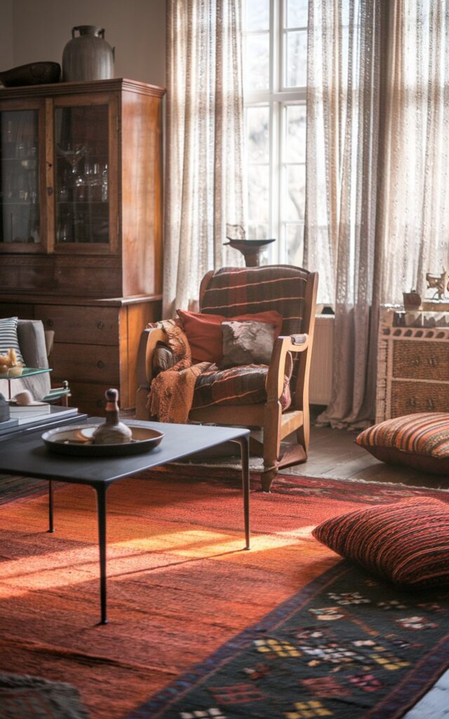 A photo of a chic English countryside living room with vintage wooden furniture, a sleek coffee table, a cozy armchair, patterned cushions, and soft throws. An area rug in rich autumn hues—burnt orange, deep red, and warm brown—is placed across the floor. Sunlight filters through lace curtains, highlighting the textures of the layered rugs and natural wooden accents.
