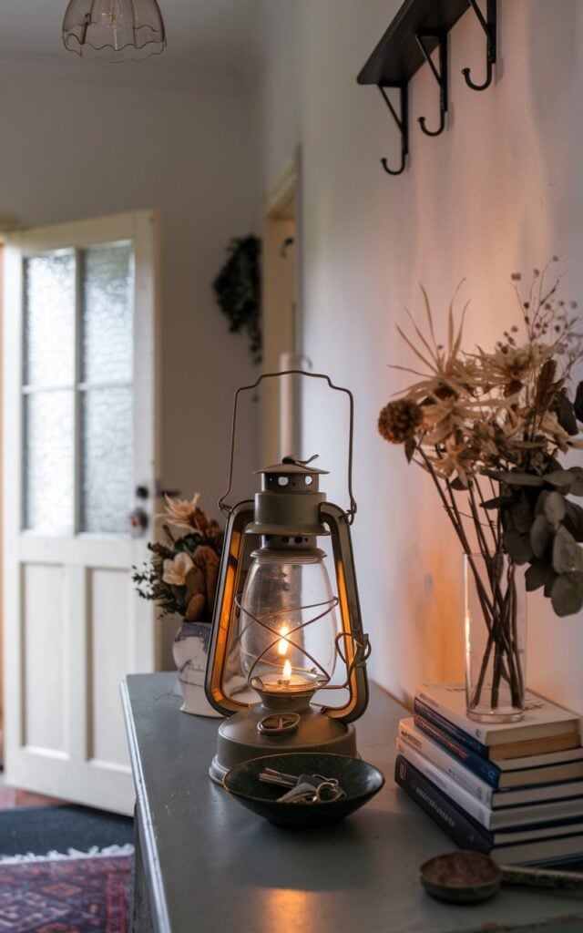 A photo of a cottagecore-style entryway with a vintage lantern containing a glowing candle. The lantern is placed on a table near the door. Surrounding the lantern are a small bowl for keys, a vase of dried flowers, and a stack of books. The wall has a few hooks. The ceiling features a delicate pendant light. The floor is covered with a patterned rug. The overall ambiance is warm and welcoming, with a nostalgic mood.