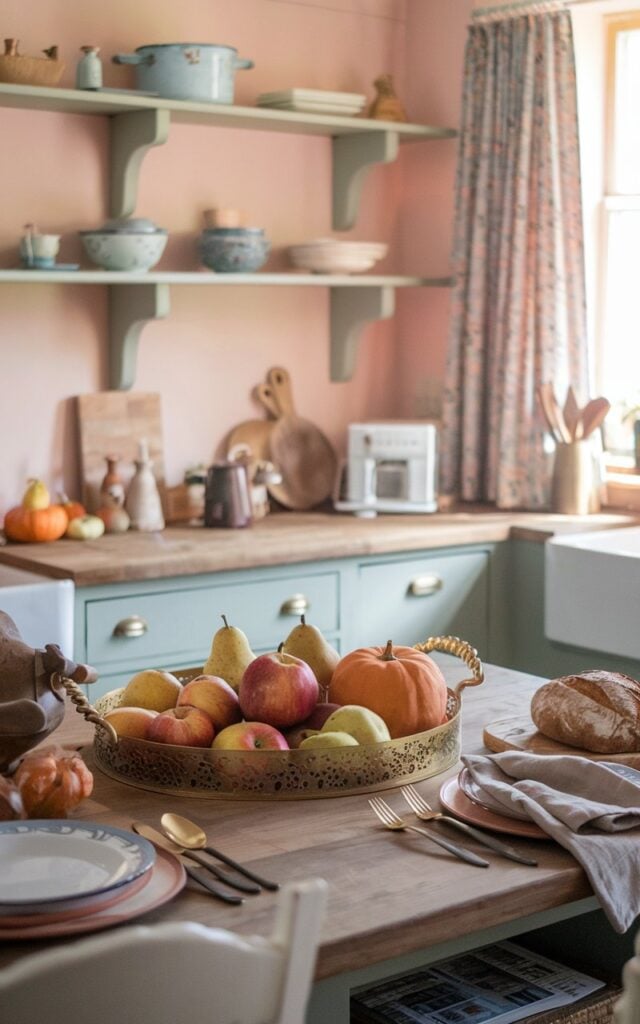 A photo of a cottagecore style kitchen with a soft pastel color scheme, wooden counter, farmhouse sink, and warm natural lighting streaming through a curtained window. A designer brass tray is placed on a cozy kitchen island. The tray is filled with seasonal fruits like apples, pears, and small pumpkins. Surrounding the tray are cutlery, a linen napkin, and a loaf of fresh bread. The brass tray glows softly amid the rustic surroundings, creating a nostalgic, homely, and richly detailed autumn atmosphere.