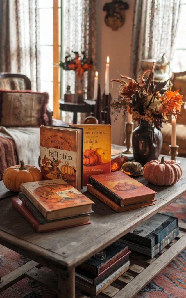 A photo of a vintage and chic style living room with a worn wooden coffee table. On the table, there are 4-5 antique books with fall-themed covers. The book covers have warm, earthy colors like orange, yellow, and brown, and they feature imagery of pumpkins, falling leaves, and cozy elements. There are also small pumpkins, candles, and a vase of dried flowers on the table. The room has a mix of worn wooden furniture, soft rugs, and elegant decorative accents. Warm natural light filters through curtained windows, highlighting the rich colors and textures of the books and seasonal decor.