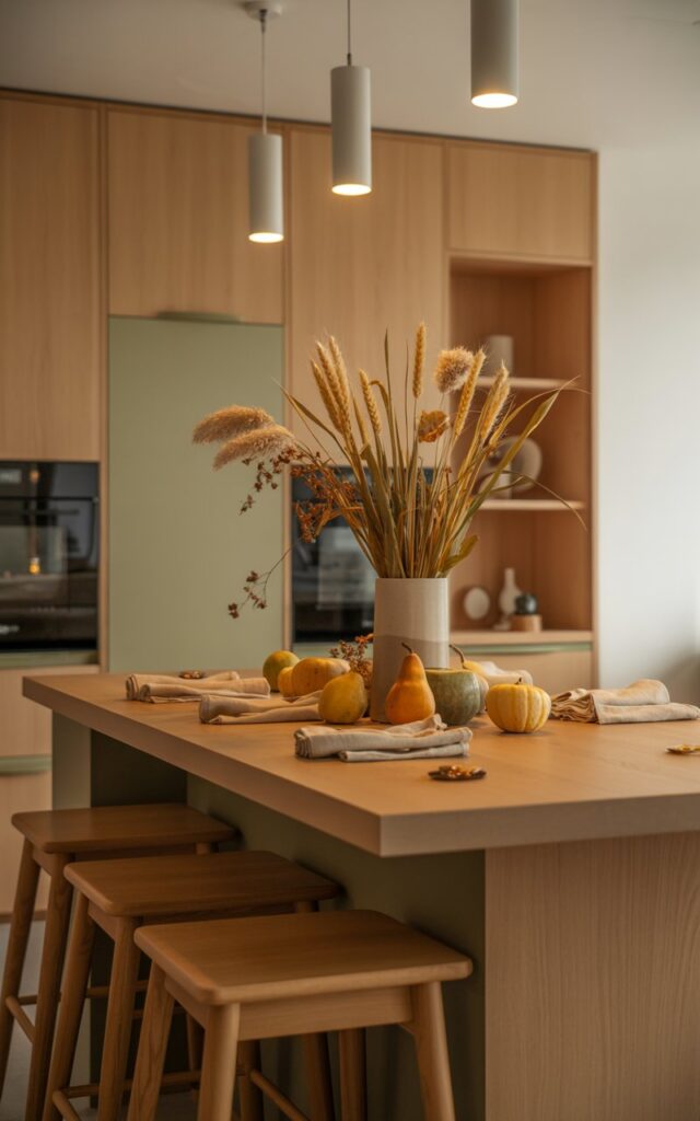 A photograph of a Japandi-style open kitchen featuring a sleek wooden island that perfectly blends minimalist Japanese tranquility with Scandinavian warmth. The island's clean-lined countertop showcases a tall ceramic vase filled with golden wheat stalks and feathery dried pampas grass, surrounded by thoughtfully arranged seasonal produce like russet pears and small orange pumpkins, alongside neatly folded linen napkins in soft cream tones. Modern wooden bar stools with natural grain patterns are tucked beneath the counter, while simple cylindrical pendant lights cast a warm honey-colored glow across the scene. The space is defined by light oak cabinetry with matte black hardware, soft sage green accents on select cabinet doors, and a palette of warm beiges and cream tones that create a serene, balanced atmosphere perfect for autumn entertaining.