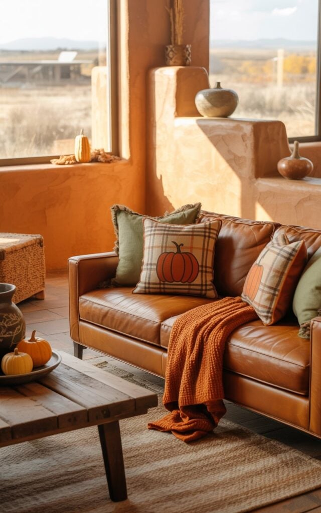 A photograph of a Southwestern-style living room featuring warm terracotta walls with rustic adobe texture, decorated in sage green and cream accent tones. A plush cognac brown leather sofa is adorned with three throw pillows displaying autumn plaid patterns and pumpkin motifs, with a chunky knit throw blanket in burnt orange casually draped over the armrest. The space showcases natural materials including a weathered reclaimed wood coffee table, layered jute rugs, and handcrafted pottery in earthy glazes positioned throughout the room. Golden afternoon sunlight streams through large windows, casting warm geometric shadows across the textured surfaces and illuminating subtle fall accents like dried corn stalks and small gourds that complete this cozy desert-inspired interior.
