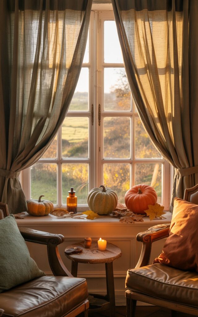 A photograph of a charming English countryside living room centered around an elegant bay window with soft, cream-colored linen curtains that gently frame the glass panels. Along the wide wooden windowsill, a carefully curated autumn display features 3-4 miniature pumpkins in varying shades of deep orange, pale cream, and mottled green, accompanied by small amber glass apothecary bottles, scattered golden oak leaves, and a single flickering tea light candle casting dancing shadows. Gentle morning sunlight streams through the window, casting warm honey-colored rays across the scene and illuminating the room's vintage furnishings—a well-worn leather armchair with brass nail heads, wool throw pillows in sage and rust tones, and weathered oak side tables with delicate grain patterns. The overall atmosphere evokes a peaceful autumn morning in a cozy countryside cottage, with rich earth tones, soft textures, and the golden light creating an inviting, storybook ambiance filled with rustic charm and seasonal warmth.