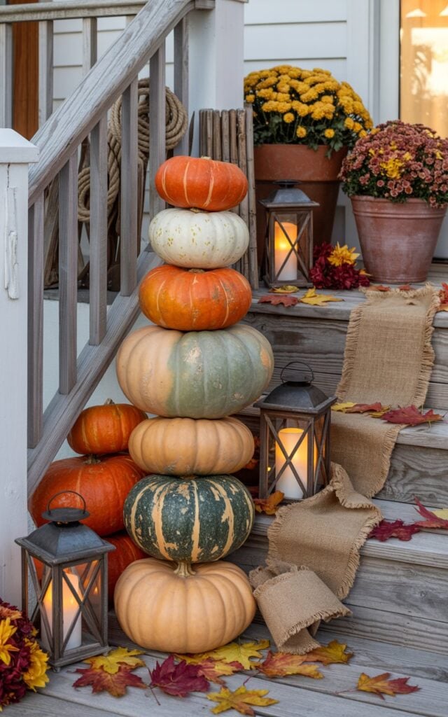 A photograph of a charming coastal-rustic porch featuring a tower of stacked pumpkins in various sizes, from deep orange and cream to sage green and speckled varieties. The pumpkins are artfully arranged in a casual pyramid beside weathered wooden steps, complemented by glowing hurricane lanterns casting dancing shadows, a woven jute doormat with frayed edges, and terracotta pots brimming with golden and burgundy autumn mums. Driftwood accents and coiled rope details nestle against whitewashed wooden railings, while burlap ribbons flutter gently in the ocean breeze alongside scattered crimson and amber oak leaves. The entire scene is bathed in the warm honey-colored light of late afternoon, creating long shadows that enhance the welcoming fall atmosphere where coastal charm meets rustic farmhouse elegance.