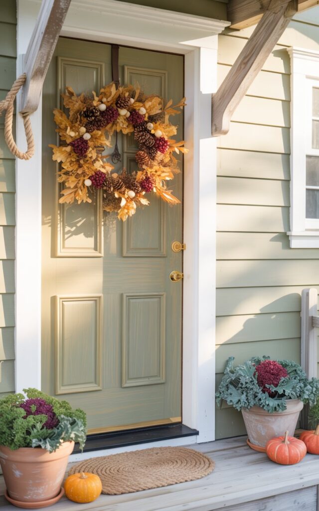A photograph of a charming coastal-style house exterior featuring a welcoming front door painted in soft sage green with beautifully weathered charm. The door is adorned with a rustic fall wreath crafted from golden dried oak leaves, small brown pinecones, and clusters of deep burgundy berries, creating rich texture and autumn warmth against the painted wood. The home showcases light cream clapboard siding with crisp white trim, subtle nautical rope details, and weathered wood accents that speak to seaside living. Gentle morning sunlight filters across the scene, casting delicate shadows that enhance the wreath's natural textures, while a woven jute doormat, terracotta pots filled with ornamental kale in shades of purple and green, and small orange pumpkins complete this cozy beachy autumn vignette.