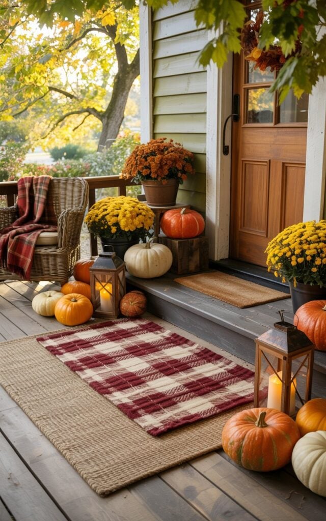 A photograph of a charming farmhouse porch adorned with rich autumn decorations, featuring a layered doormat arrangement where a bold burgundy and cream plaid doormat sits perfectly centered over a larger natural jute rug. The wooden front door is flanked by an abundance of orange and white pumpkins of various sizes, alongside vibrant yellow and rust-colored potted mums that spill gracefully around the entrance. Rustic black metal lanterns with flickering LED candles cast a warm amber glow beside the painted wooden steps, while a cozy red plaid throw drapes invitingly over a wicker armchair tucked into the corner. Golden afternoon sunlight filters through the canopy of maple and oak leaves overhead, creating dappled light patterns that dance across the weathered wooden planks and enhance the porch's welcoming, lived-in farmhouse charm.